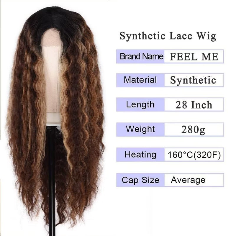 FEEL ME 28" Deep Wave Frontal Wig Long Synthetic Curly Wig Ombre Highlight Lace Front Wig for Women with Simulated Scalp Honey Blonde Loose Deep Curly Lace Wigs Middle Part for Daily Use R6/6A/27S - Image 3